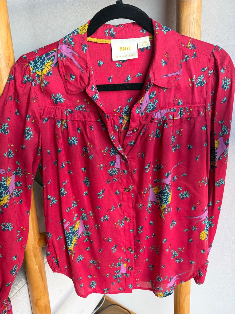 Maeve Rose-Red Floral & Bird Button-Up Blouse